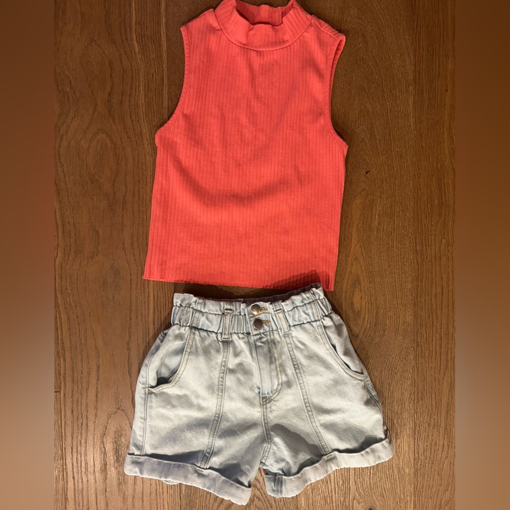 gb Girls Coral Mock Neck Top & Paper-bag Denim Shorts